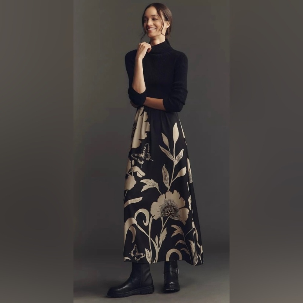 Anthropologie Thea Twofer Long Sleeve Maxi Dress In Black Floral